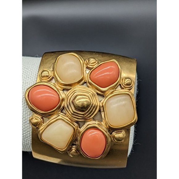TTahari Chunky Cuff Bracelet Jewelry Gold Tone Peach, White Cabochon Faux Gems - Picture 6 of 9